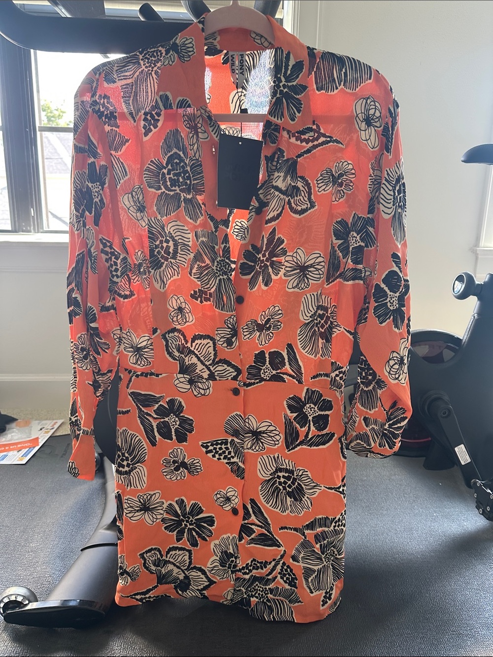 Button-Front Floral Tunic in Coral and black